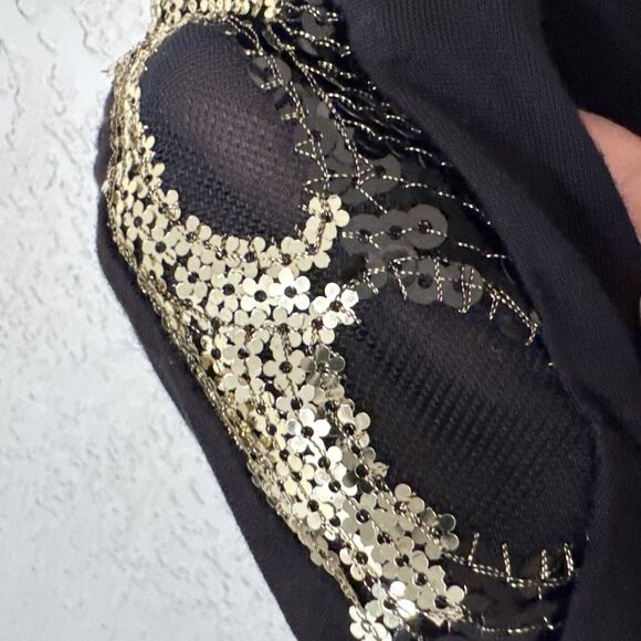 Fitted Black Gold Party Mini Dress Scoop Neck 3/4 Sleeve Sequin Stretch Size S - Picture 9 of 12